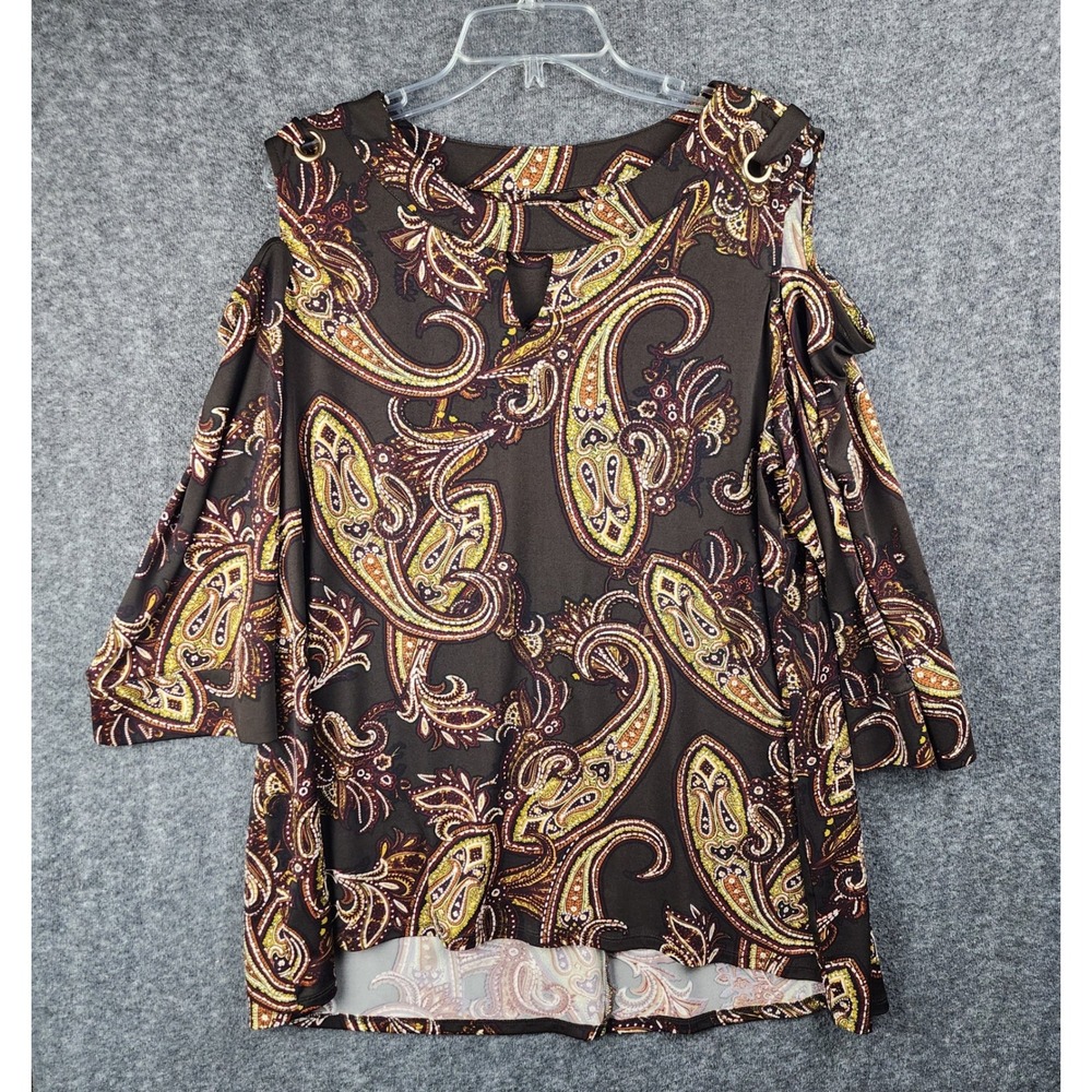 Unknown Blouse Womens XL Paisley Brown Cold Shoulder Metal Ring Keyhole EUC